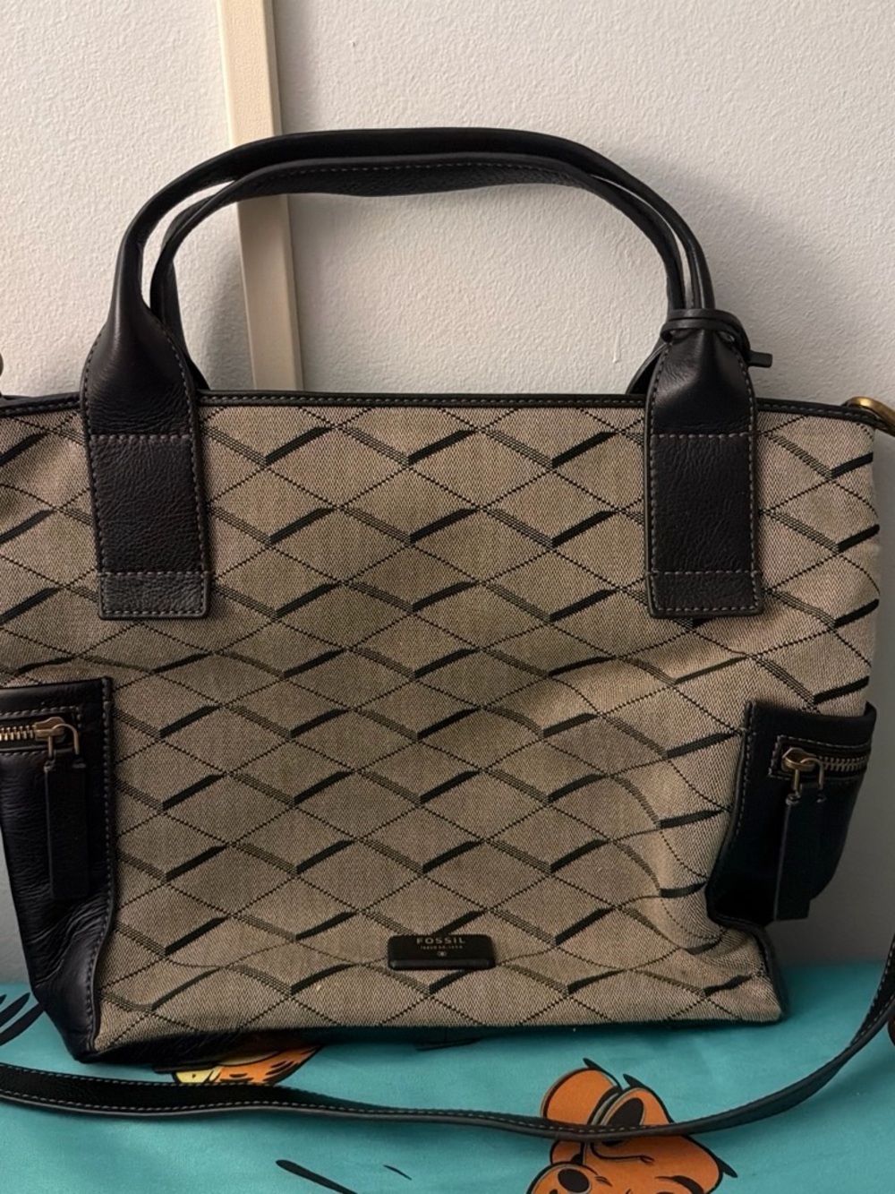 Fossil Tan Patterned Canvas Tote with Black Leather Trim